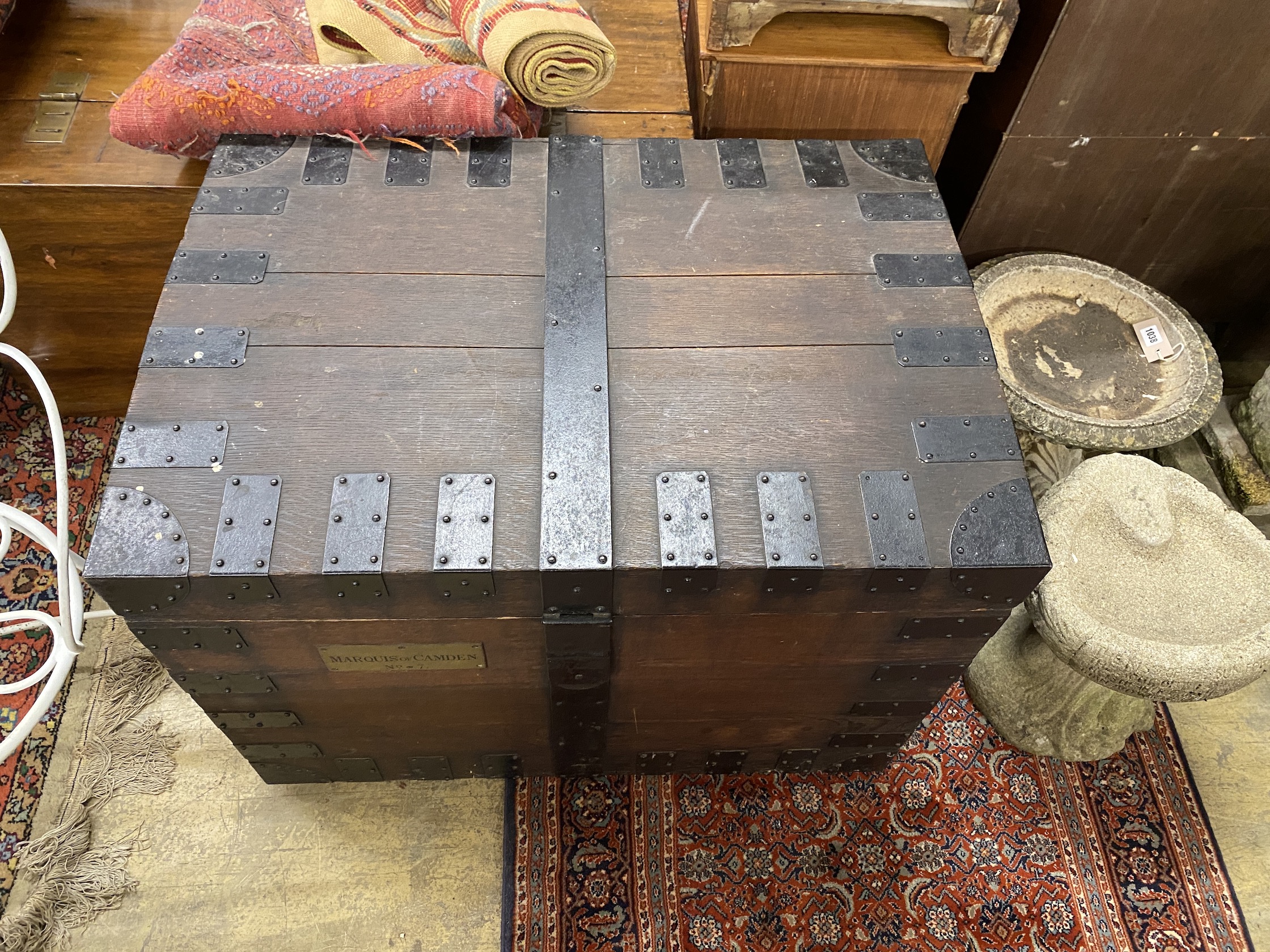 A Victorian iron bound oak silver chest, the brass plaque engraved Marquis of Camden No. 7, width 86cm, depth 61cm, height 64cm